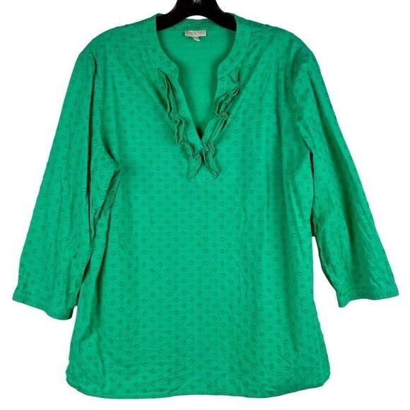 Talbots Tops - Talbots Green Texture Dots V-neck Ruffle Blouse Medium